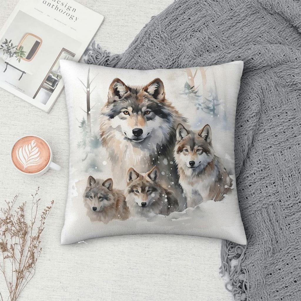 Wolf Family Winter Forest Square Pillowcase Polyester Linen Velvet Creative Zip Decor Home Cushion Cover
