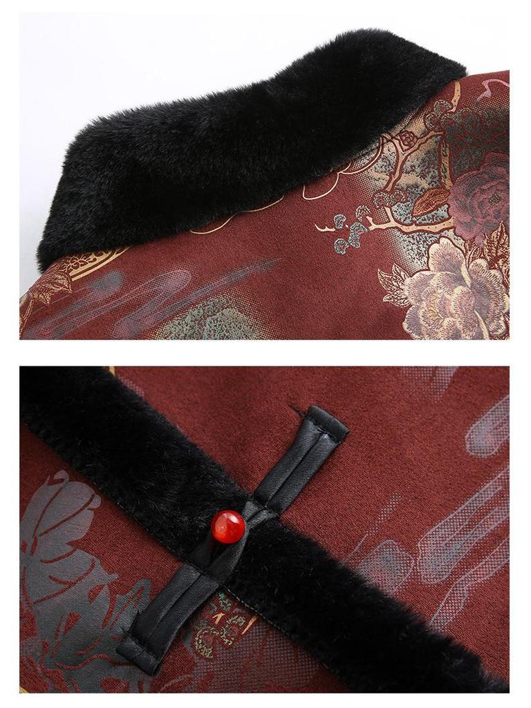 Зимние пальто для женщин среднего и пожилого возраста: Подбитый мехом костюм Тан с застежками-лягушками для мам и бабушек