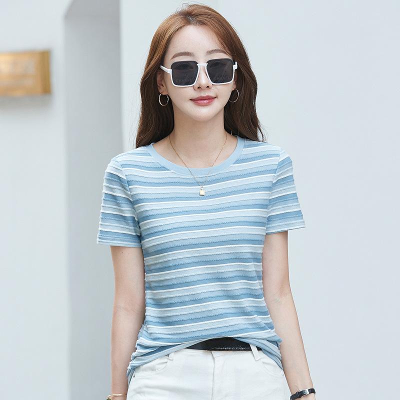 Summer Women's T-shirt Loose Round Neck Short Sleeve Striped Top