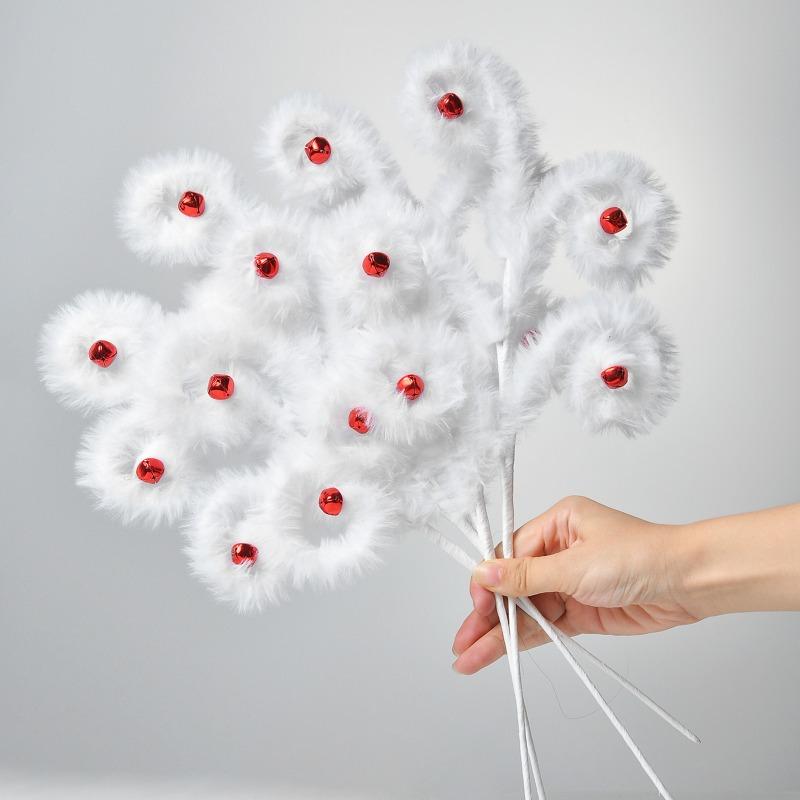 4pcs/set Faux Rabbit Fur Christmas Tree Decorations with Candy Bells Branches Polyester Holiday Ornaments for Xmas Decor