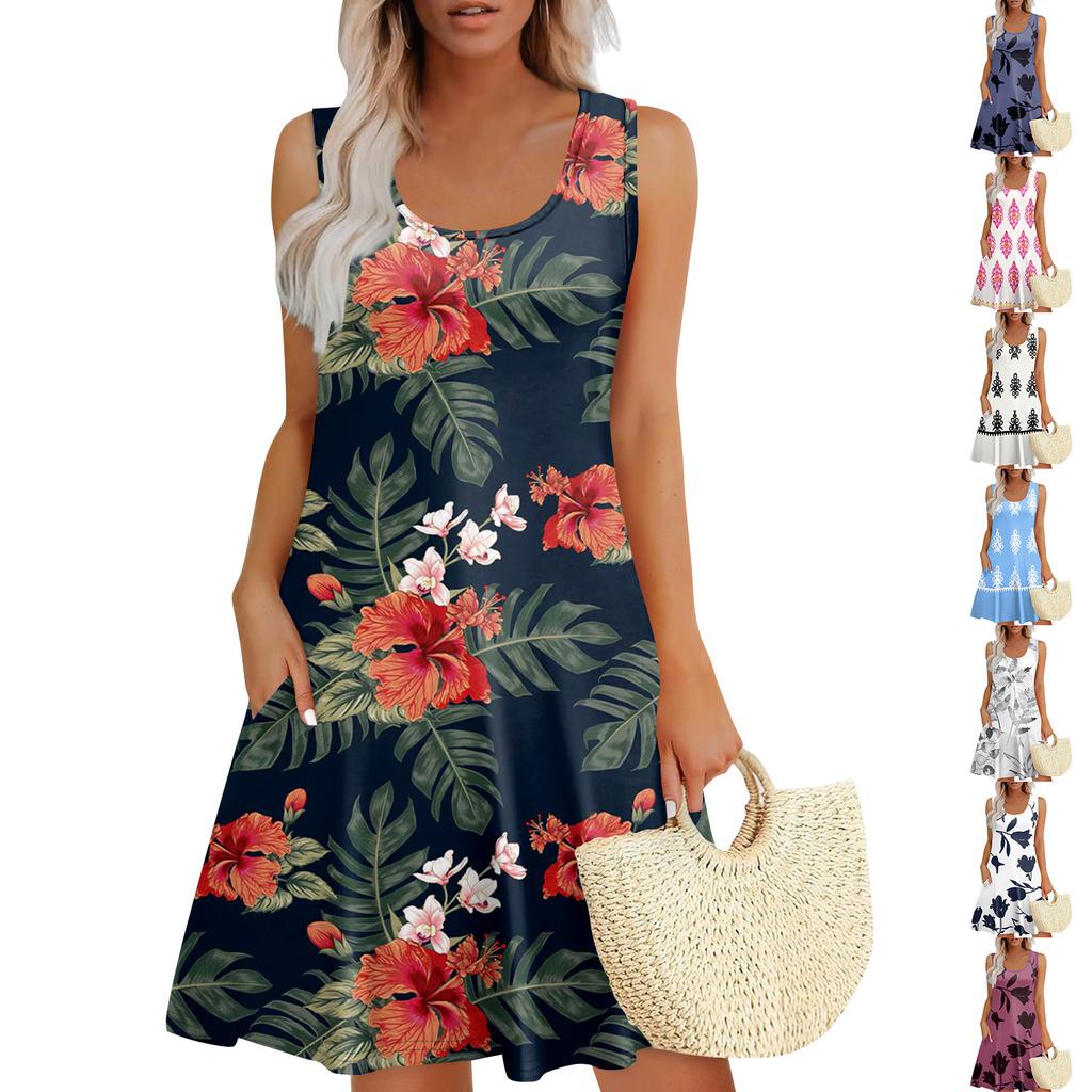 Women's Summer Casual U-shaped Tie Pocket Popular Floral Print Dress