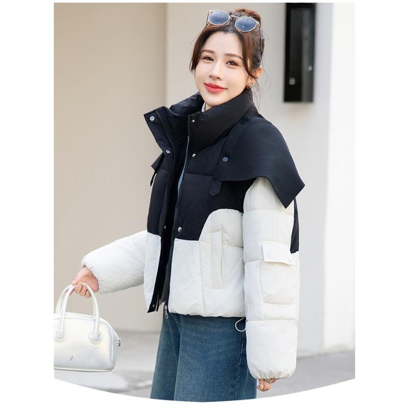 Korean Style Loose Fit Knit Poncho Collar Down Jacket with Color Block for Autumn Winter Women