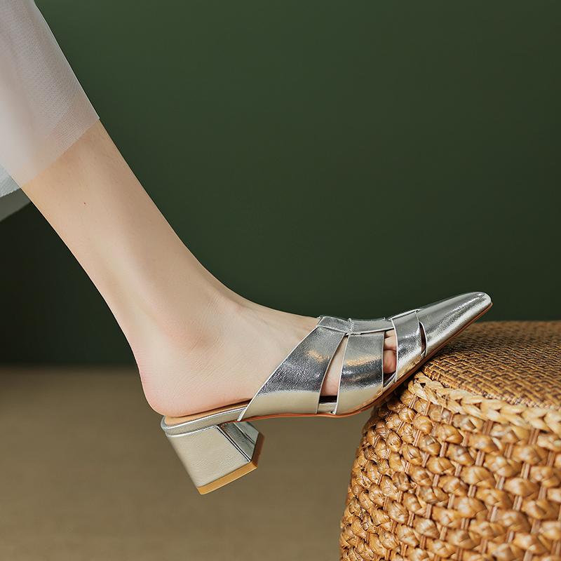 Мода 2024 Новые Летние Женские Туфли Мюли с Острым Носком Женские Однотонные из Натуральной Кожи Мюли на Высоком Каблуке Уличные Тапочки для Женщин Сандалии