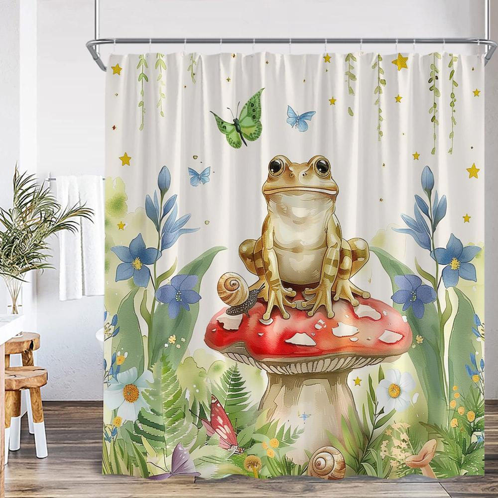 Funny Frog Shower Curtain Animal Lotus Leaf Pond Mushroom Rainforest Vintage Summer Bathroom Decor Kid Bath Curtain With Hooks
