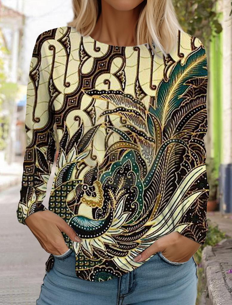 2024 Женские гавайские ретро-модные топы с длинным рукавом и круглым вырезом, повседневная футболка с длинным рукавом, дизайнерская новинка