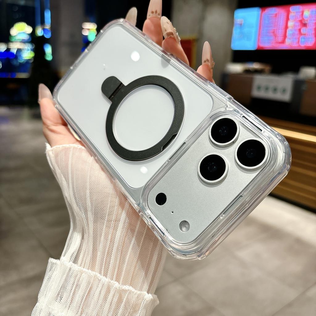 Clear Magnetic Metal Stand Holder Case For iPhone 17 Air 16 15 14 13 12 11 Plus Pro Max For Magsafe Hard Acrylic Bumper Cover