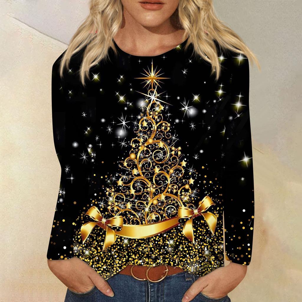 Женская мода, повседневная блузка с длинным рукавом и рождественским принтом, пуловер с круглым вырезом