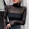 Women's Mesh Top Slim Perspective Long Sleeve Turtleneck Shirt