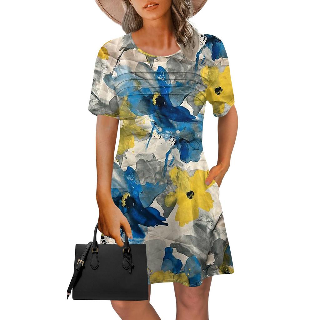 Женское летнее винтажное платье с цветочным принтом, повседневное платье с коротким рукавом и круглым карманом