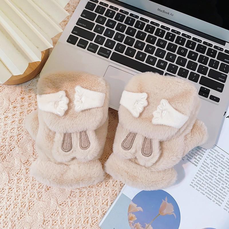 Зимние утепленные и утолщенные теплые перчатки женские, закрывающие лицо, щурящиеся кроличьи уши, милые плюшевые перчатки с застежкой-молнией, студенческие перчатки
