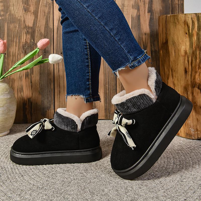 Модные зимние сапоги из искусственной замши и хлопка, женские домашние шерстяные ботильоны с бантом 2024 года, новые теплые короткие сапоги на толстой подошве в стиле принцессы