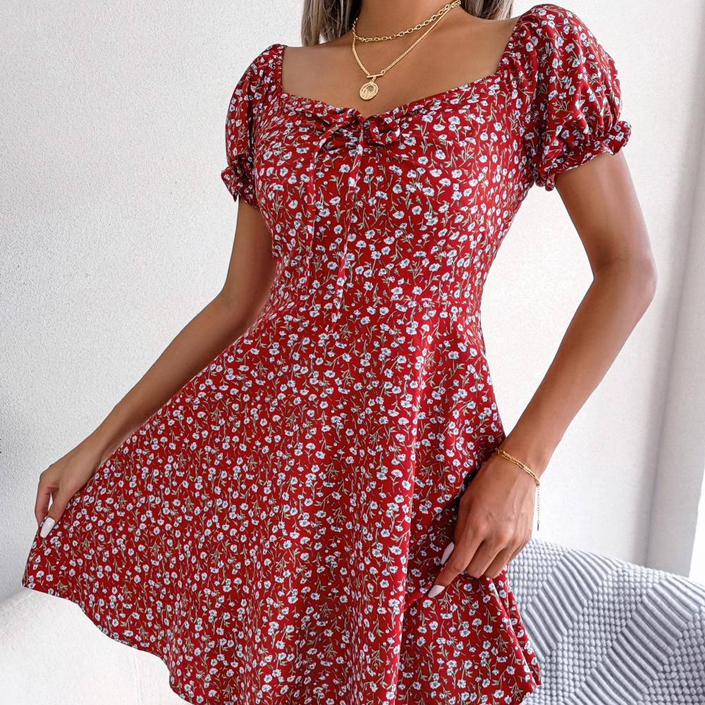 GMXIA Женская мода сплошной цвет с принтом Высокая талия Коктейльные и вечерние платья с коротким рукавом и квадратным воротником