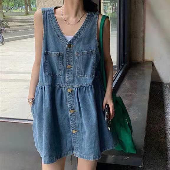 High Waisted Cowboy Strap Dress V-neck Pleated Denim Camisole Dress Single Breasted Retro Sleeveless Short Dress Girls
