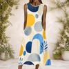 Women Plus Size Round Neck Sleeveless Blue Yellow Geometric Printed A Line Long Dress With Side Pockets