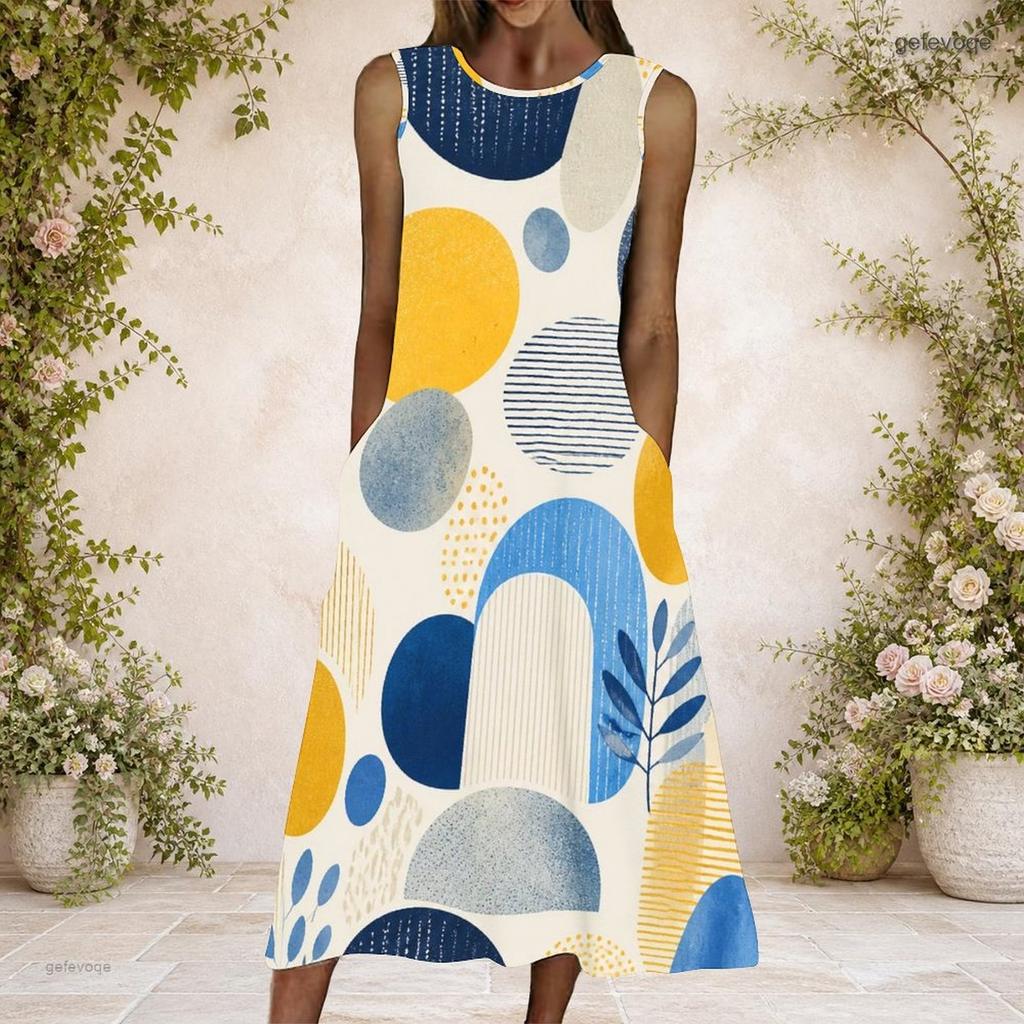 Women Plus Size Round Neck Sleeveless Blue Yellow Geometric Printed A Line Long Dress With Side Pockets