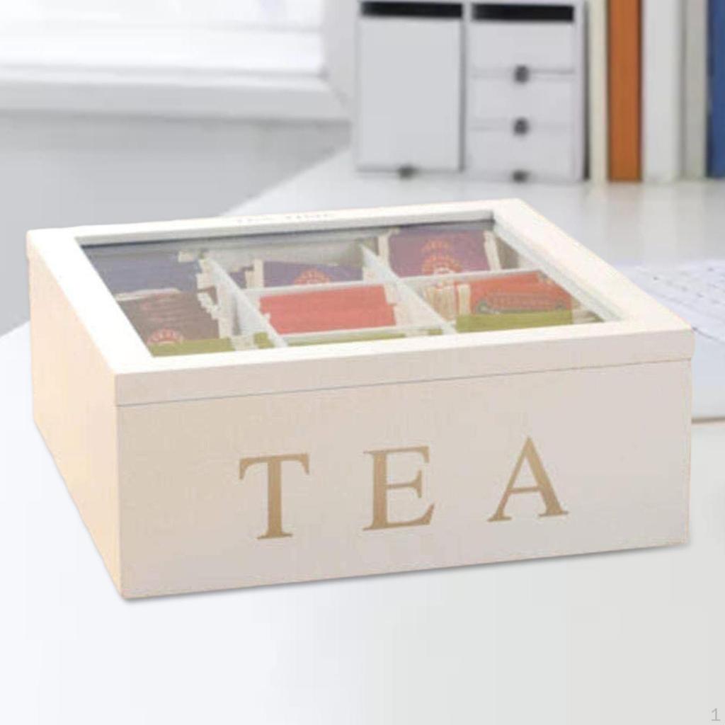 Wooden Tea Storage Box, Wood Organizer, 9-Compartment Case Holder with Clear Lid for S, Sugar,