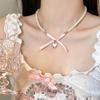 Heart Bow Pendant Necklaces for Women Sweet Imitation Pearl Pink Necklace Princess Hollow Cross Choker Trendy Aesthetic Jewelry Personality Choker