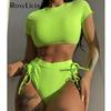 Cross Back Short Sleeve Female Swimsuit High Waist Bikini Women Swimwear Two-pieces Bikini Set Bather Bathing Suit Swim