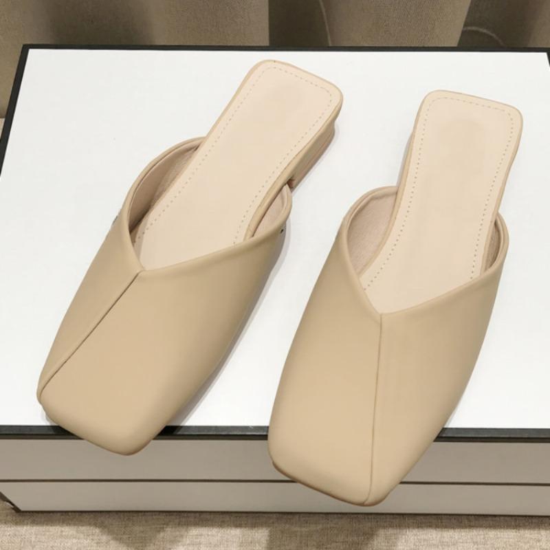 Модные женские тапочки во французском стиле для улицы и дома 2024 года, весна-лето, новые туфли на квадратном каблуке, классная мягкая кожа, однотонная универсальная обувь