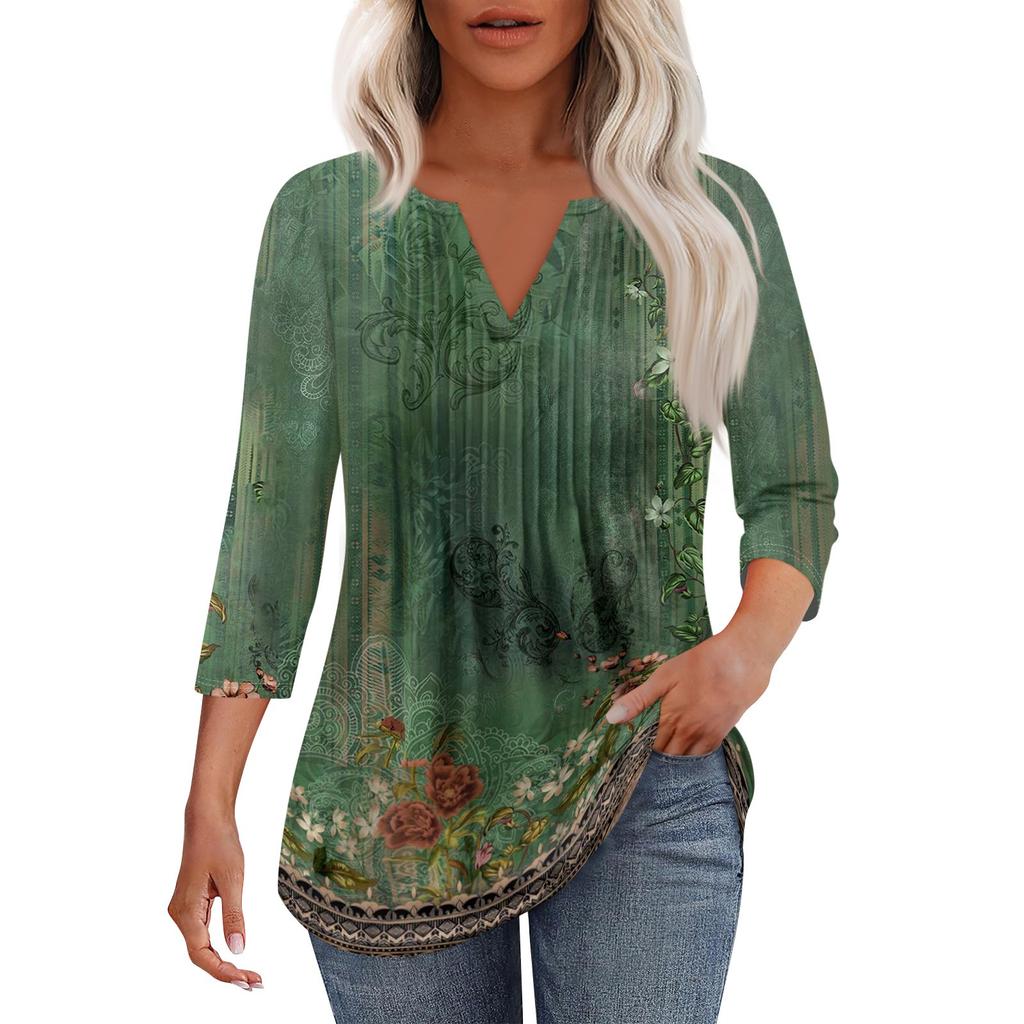 Женская модная повседневная плиссированная футболка с V-образным вырезом и рукавом семь четвертей