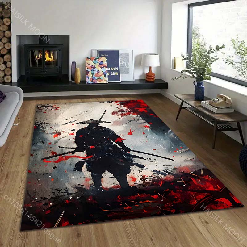 1PC Samurai with swords red leaves Print Carpet Rug for Living Room Bedroom Sofa Doormat Home Decor Non-slip Floor Mat