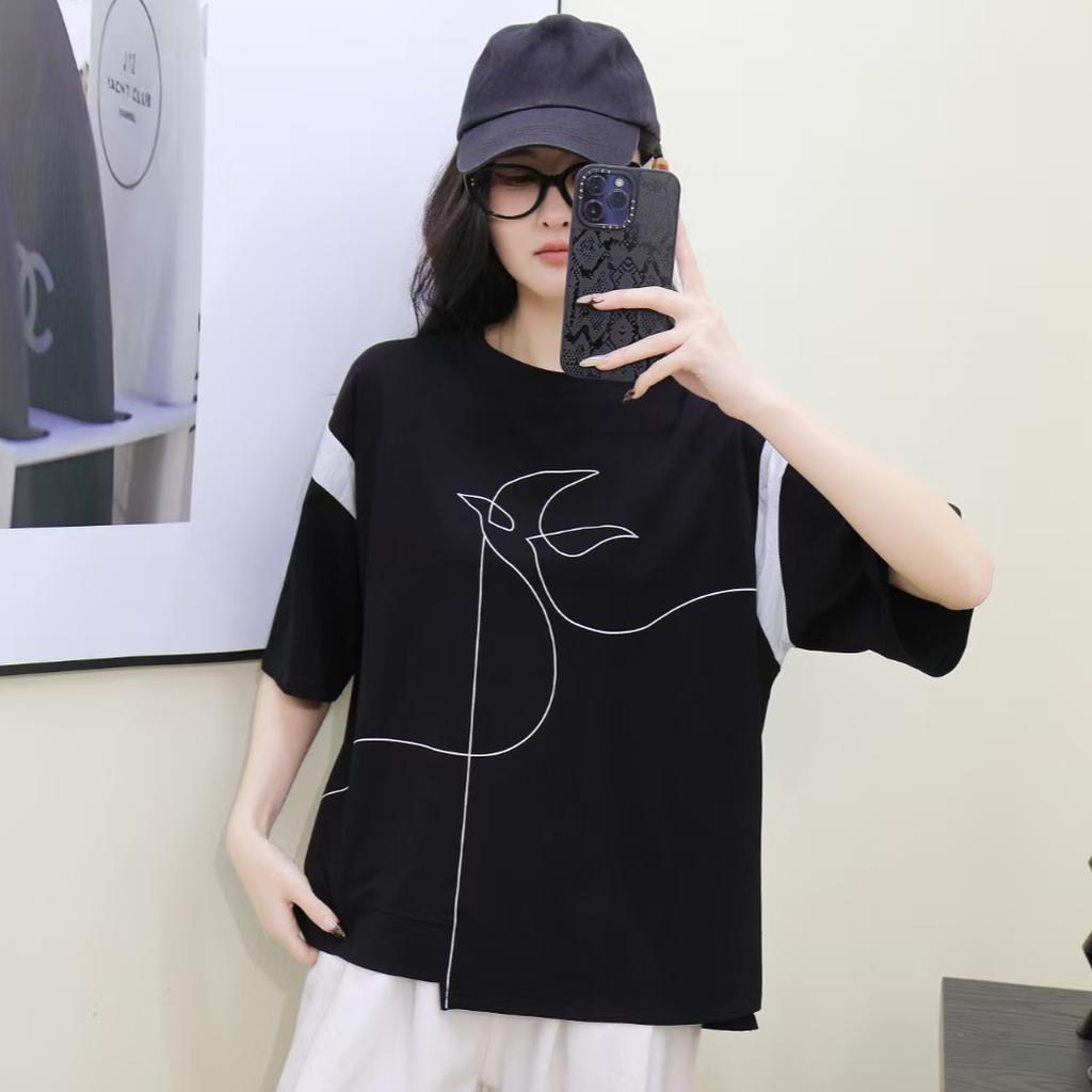 Dimanaf 2025 Летняя хлопковая футболка женская с принтом асимметричная с коротким рукавом свободная