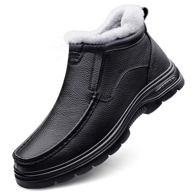 Mens Warm Lined Leather Martin Boots Winter Casual High Top Shoes With Wool Lining Round Toe