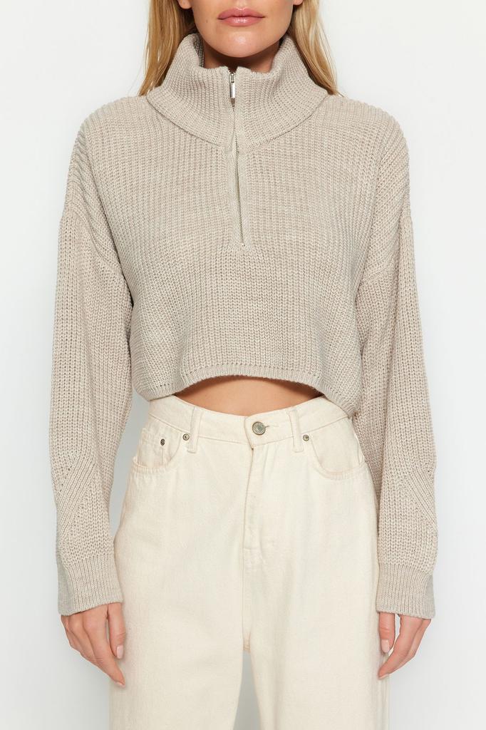 Женский свитер в элегантном стиле, суперукороченный трикотаж с застежкой-молнией и камнем