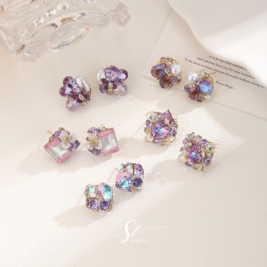 Korean heavy industry amethyst flower stud earrings light luxury high sense contrasting color earrings silver needle temperament fashionable