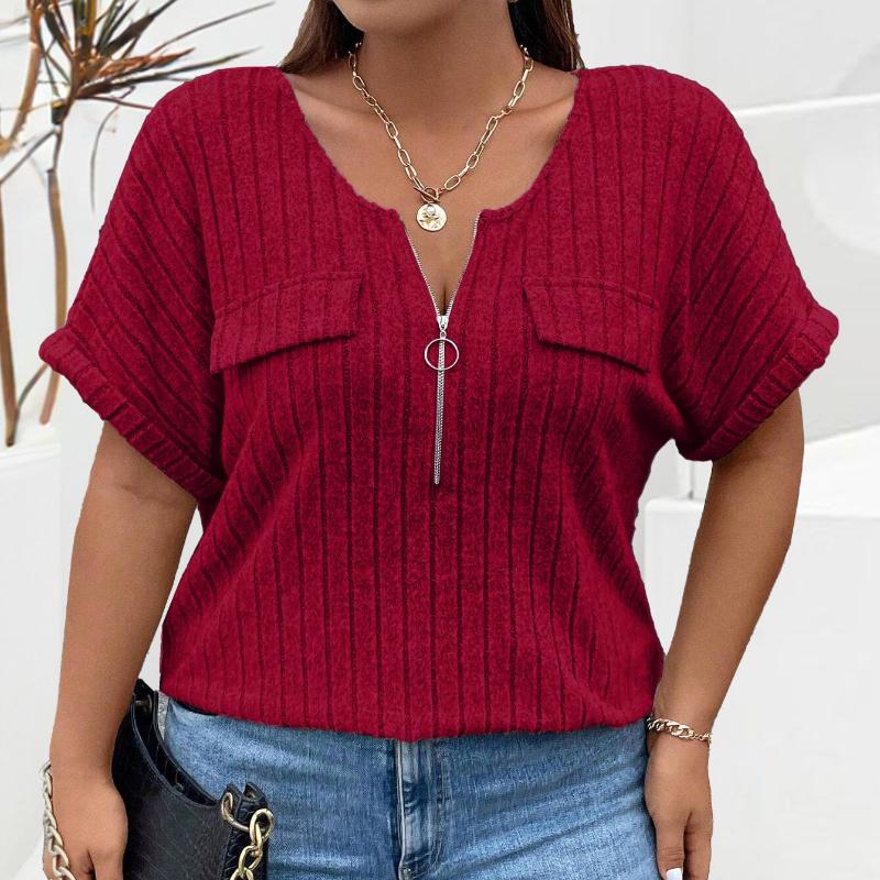 BITCED Весенне-летние однотонные женские топы больших размеров с коротким рукавом на молнии с ложными карманами, свободная футболка