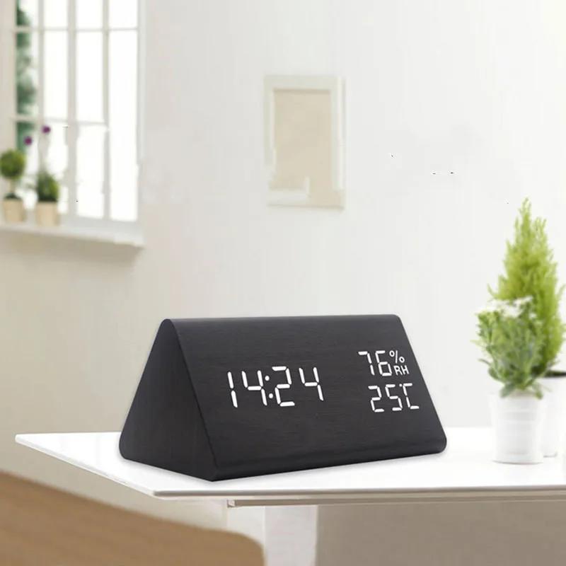 Современный цифровой деревянный светодиодный будильник, звуки управления, комнатный термометр, гигрометр, декор для рабочего стола
