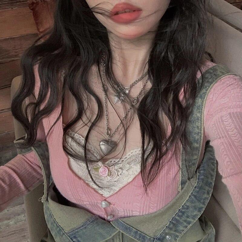 Французская девушка с v-образным вырезом, искусственная двухсекционная строчка, кружевной внутренний вязаный кардиган, футболка, женский короткий топ, осень