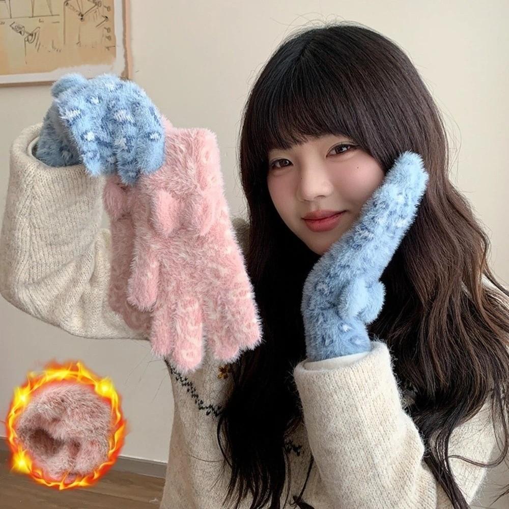 Keep Warm Five Finger Gloves Leopard Print Winter Mittens New Bow Gloves Women