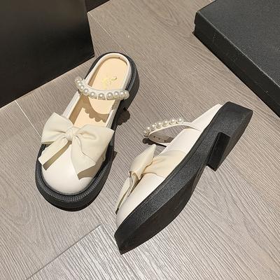 Мода 2024 Лето Новые женские туфли Модные тапочки с бантом на толстом каблуке для женщин Винтажные туфли в британском стиле с жемчугом для женщин