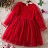 2024 New Red Christmas Dress for Girls Autumn Full Sleeve Sequined Polka Dots Tulle Princess Dress Children New Year Clothing