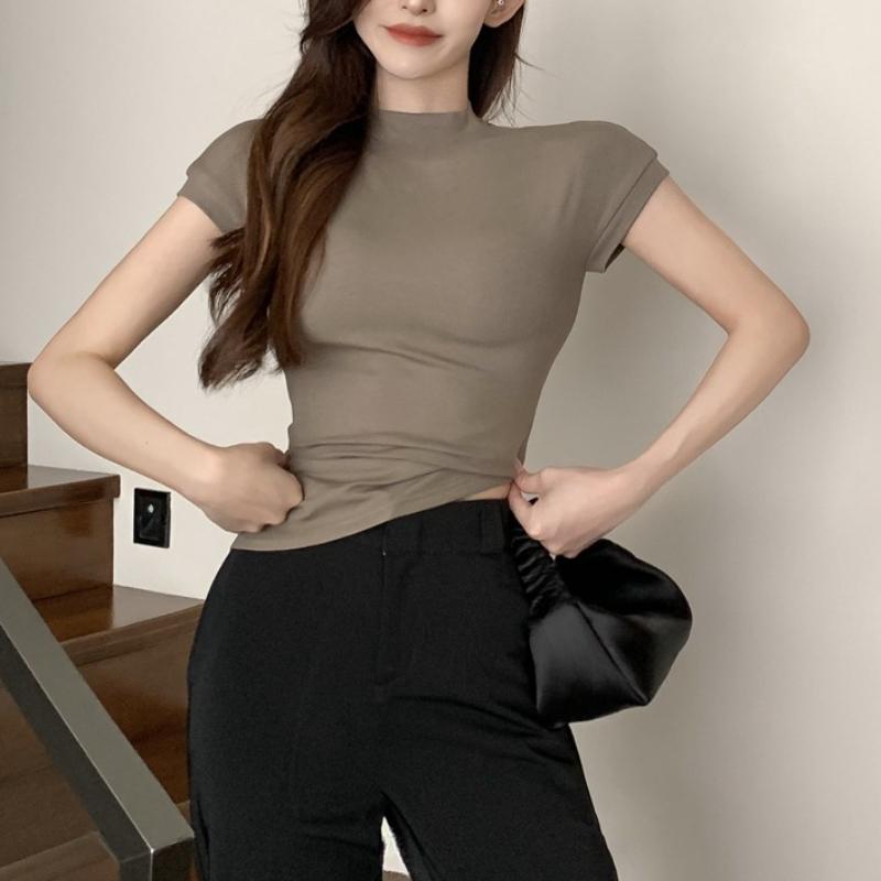 Summer Pure Desire Style Half High Neck Short Sleeved T-shirt for Women's Slim Fit and Slimming Bottom Shirt Top with Student Women's Tank Top