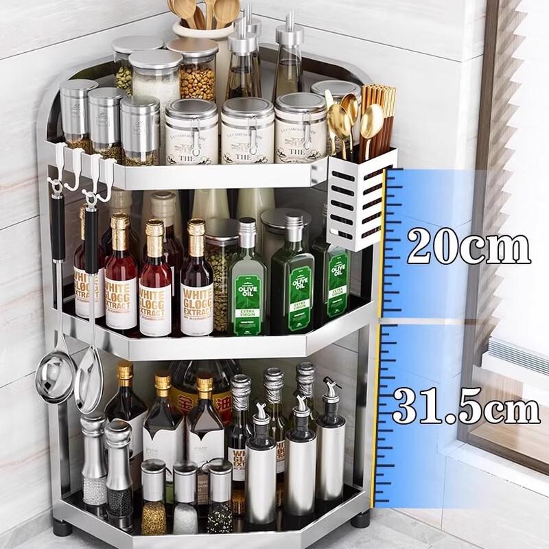 Stainless Steel 3-Tier Kitchen Corner Storage Rack with Utensil Holders