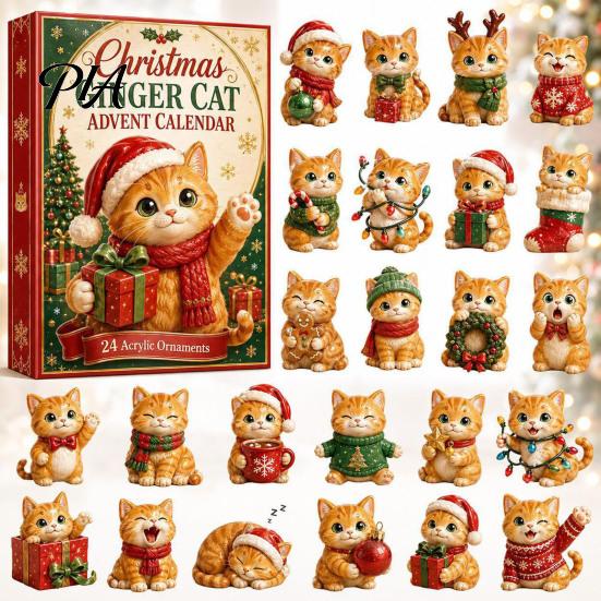 Christmas Advent Calendar Cat Calendar, 24 Day Countdown with Cute Ornaments, Kids Holiday Fun 2D Acrylic Kitty Decorations, Gift for