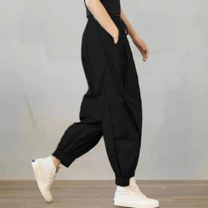 Женские весенние и осенние тонкие повседневные шаровары однотонные брюки с завязками на средней талии Nine-minute