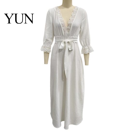 Loose Lace Dress Women V-Neck for Fall, 3/4 Sleeves Maxi with Autumn Outfits Belt, Solid Color Casual Long Vacation Daily Wear Sleeve