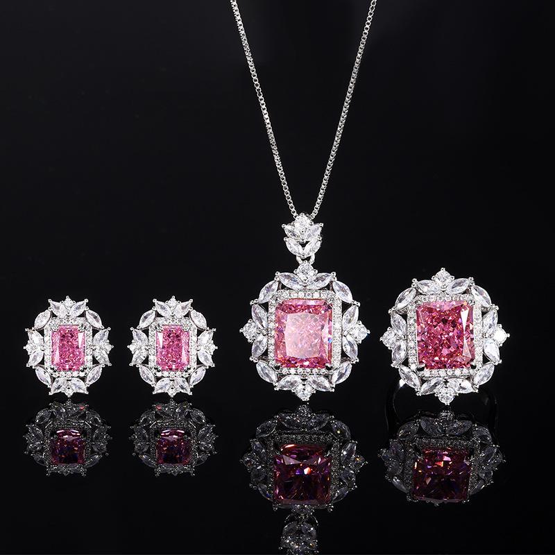 Jewelry High Carbon Diamond Ice Flower Cut Deep Pink Diamond Copper Inlay Premium Set 10 * 12-6 * 8