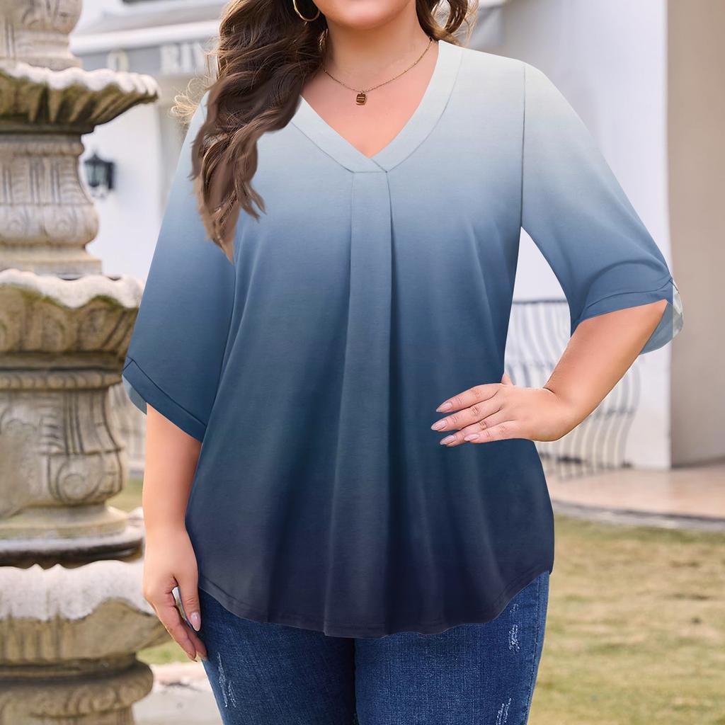 Women's Fashion Large Size Print V-Neck Three-quarter Sleeve Top