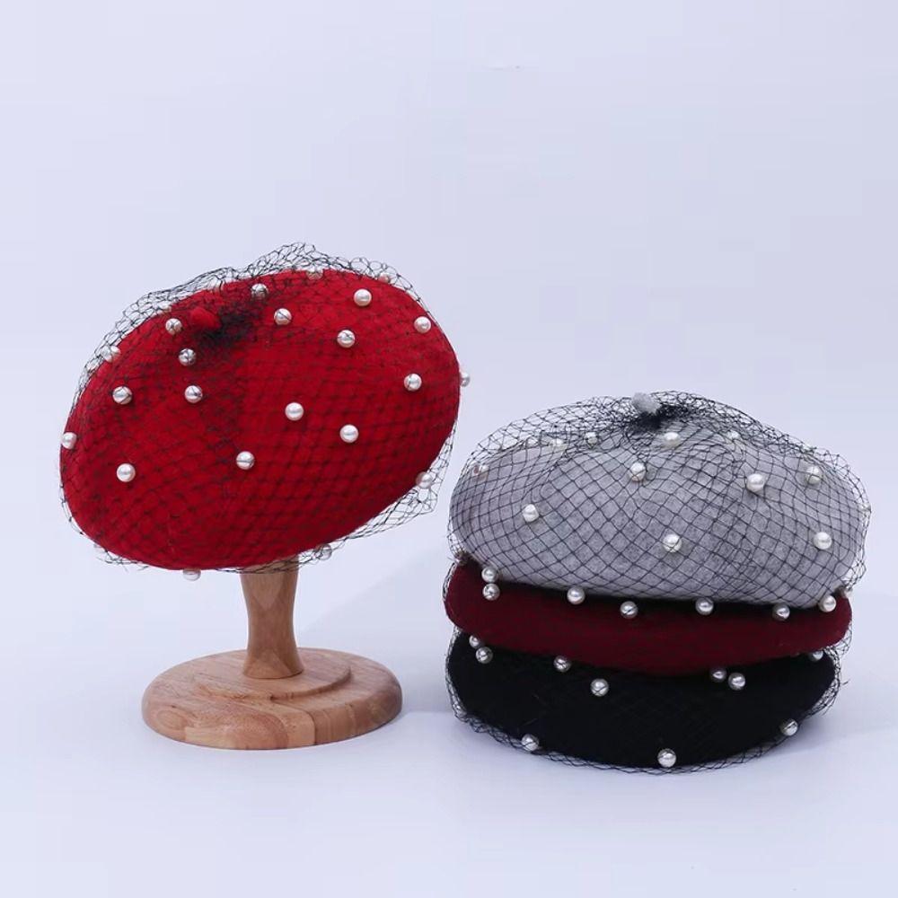 Берет из жемчужной шерсти для женщин с сетчатой вуалью Шапки-бини Тыквенная шляпа Шляпа художника Девушки