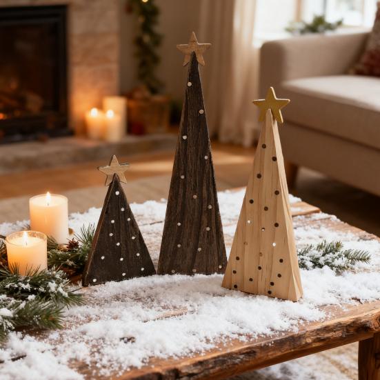 3Pcs Rustic Wood Christmas Trees Handmade Shelf Decor for Mantel & Tabletop Farmhouse Holiday Ornaments