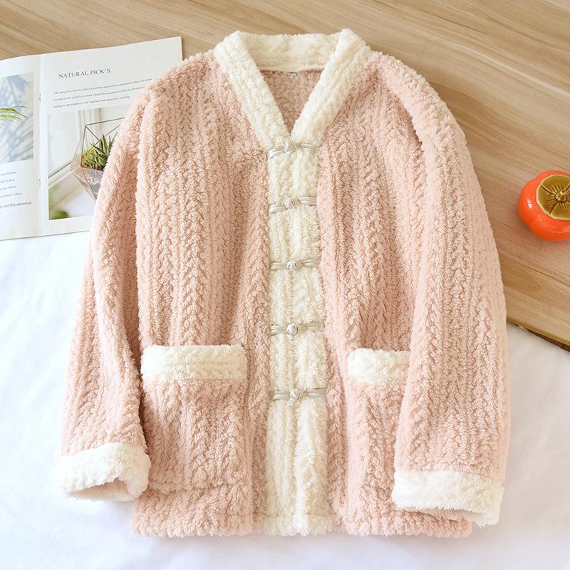 New Autumn Winter Women's 2PCS Pajamas Suit Flannel V-Neck Thickened Warm Long Sleeved Cardigan Sleepwear Loose Homewear
