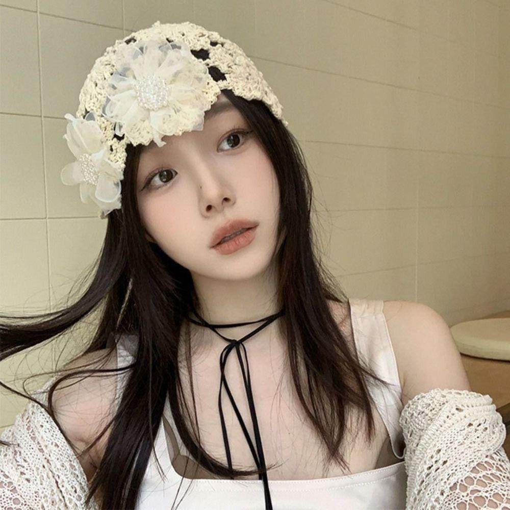 Кружевная вязаная шапка с цветами Skullies Hat Дышащий берет для женщин
