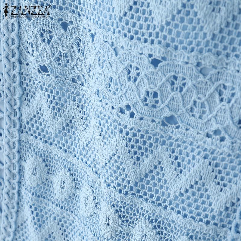 ZANZEA Женская повседневная блузка с круглым вырезом, коротким рукавом, свободного кроя, с лоскутным узором, связанным крючком