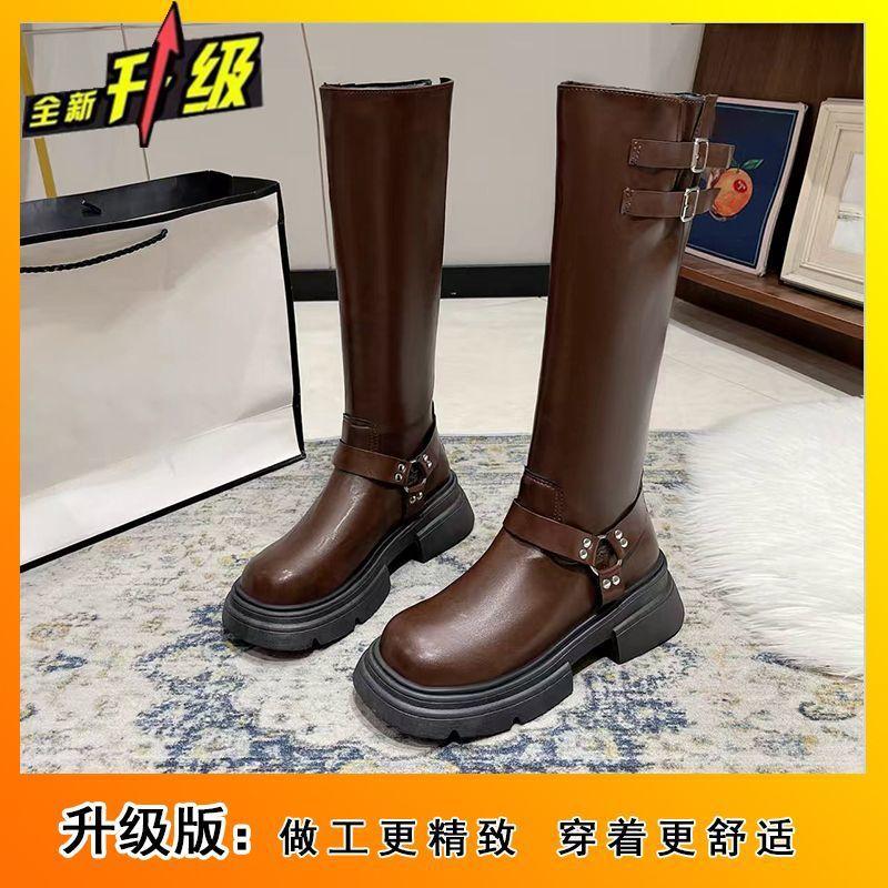 Thick-soled Small High Boots Women's 2025 Autumn and Winter New Retro But Knee Belt Buckle Women's Martin Boots