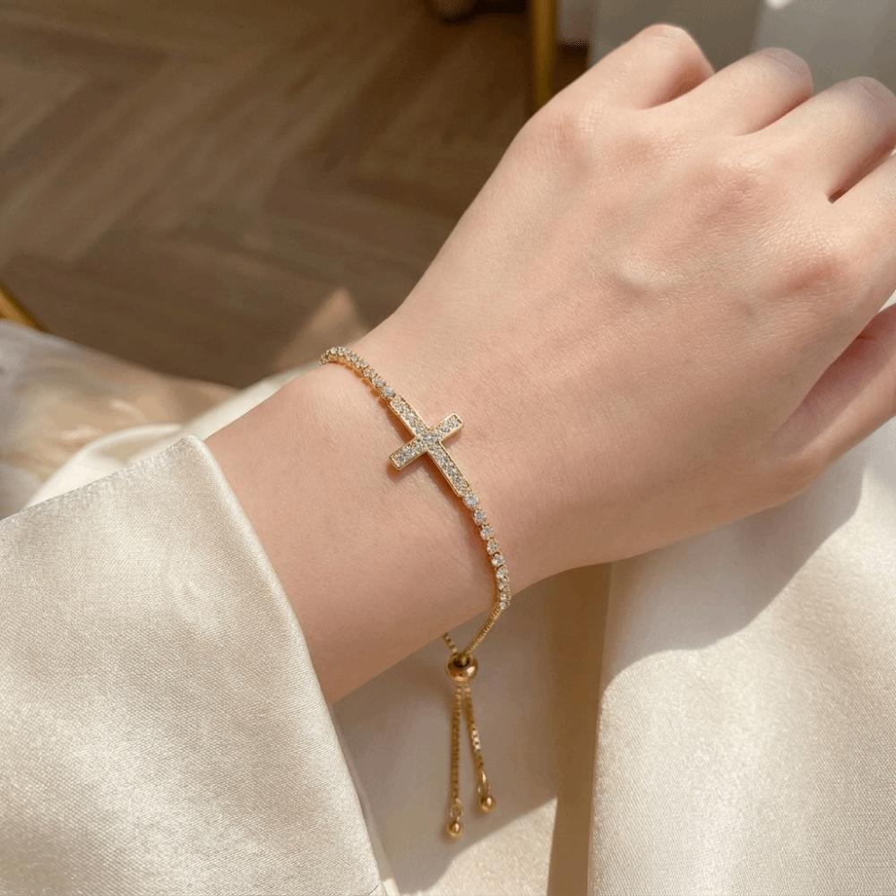 Adjustable Cross Bracelet Classic Elegant Fine Bangle Party Costume Zircon Paved Bracelet Women