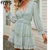 Women's Fashion Spring Fall Flower Pattern Print Long Sleeve V-Neck High Waist Casual Dresses